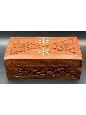 Hand-carved wooden trinket box with Floral Carved Inlay